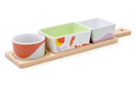 TABLA APERITIVO BAMBU CON MANGO 3 CUENCOS KALEIDO 3 CUENCOS PORCELANA DECORADA