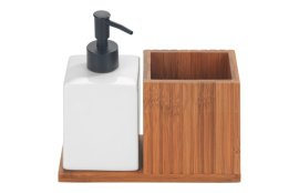 DOSIFICADOR JABON MERA + PORTACEPILLO BAMBU, CERAMICAMICA BLANCO